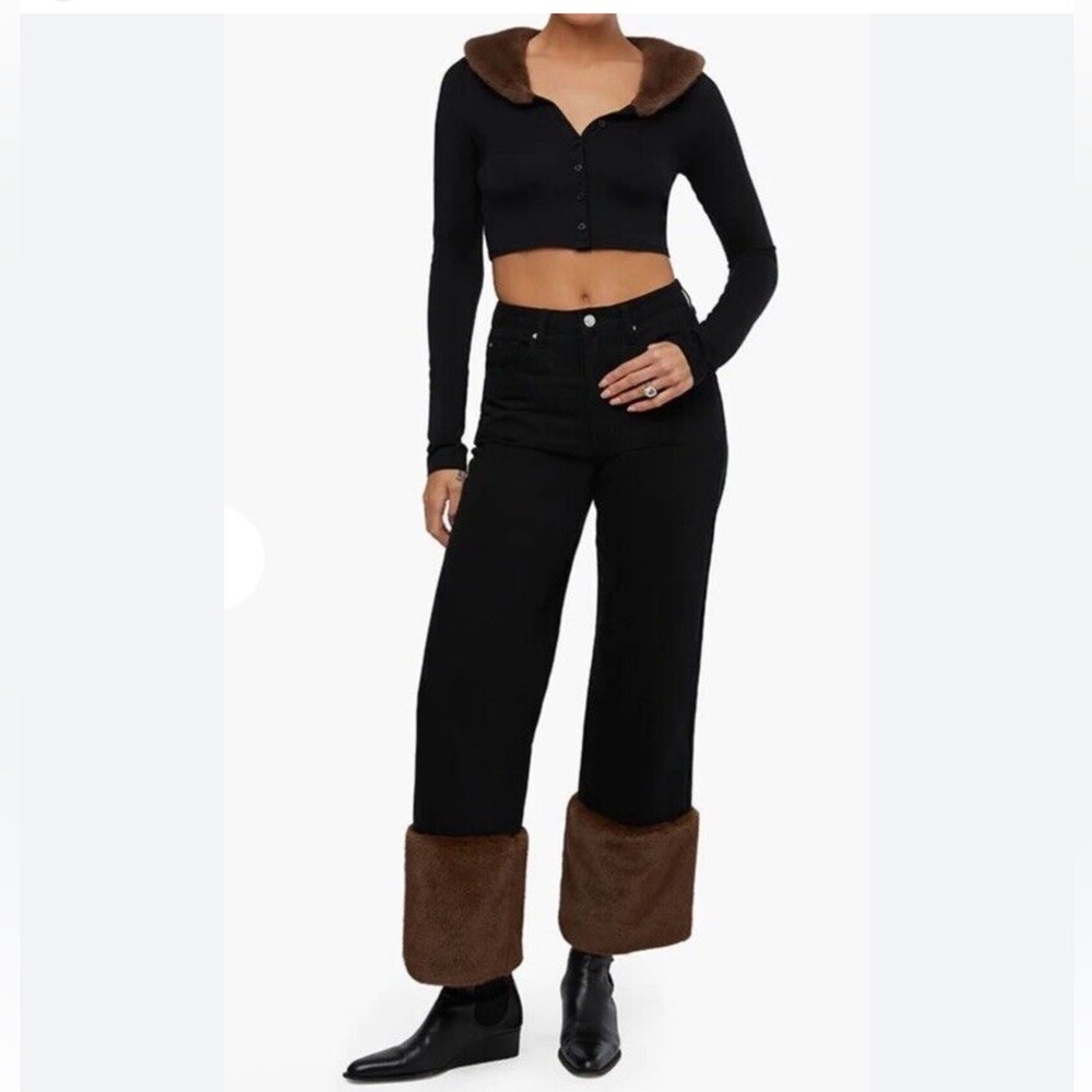 WeWoreWhat Black Straight Leg Jeans with Faux Fur Cuffs - Size 24